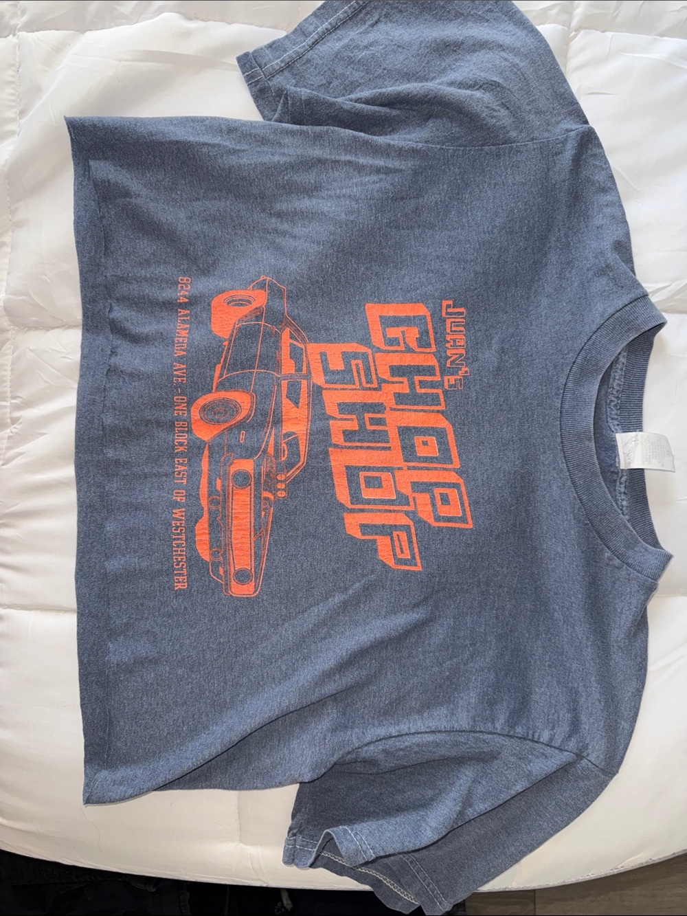 Vintage Graphic Chop Shop Tee - Denim type look with Orange Print